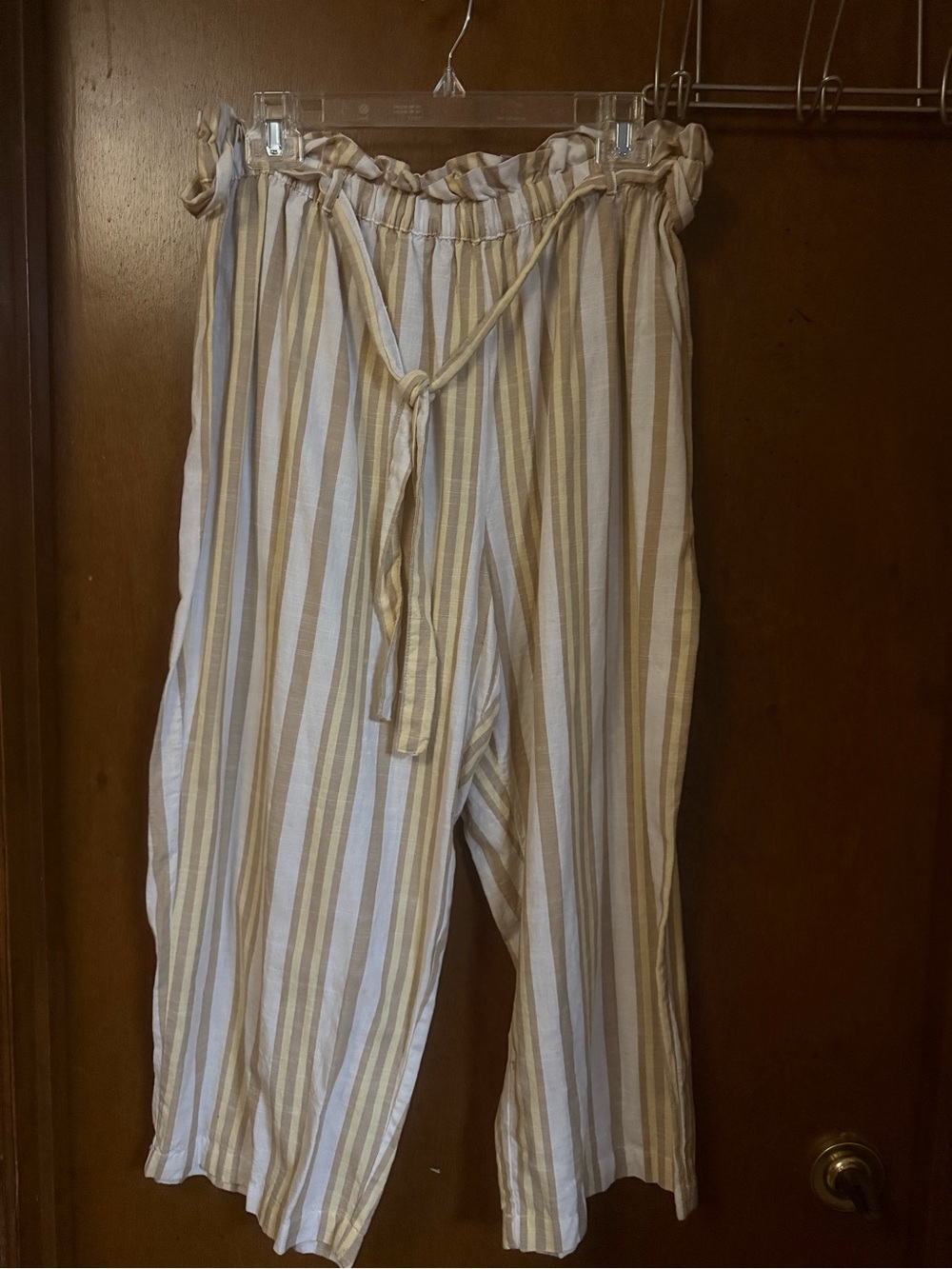 Mlle Gabrielle Cream & Tan Striped Paperbag Waist Wide-Leg Pants